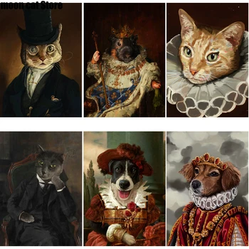 Vintage Animal Žmogaus kūno drobės tapyba Šiaurės šalių kačių šunų portretų plakatų spausdinimas Sienų meno paveikslas Tinka kambario namų dekoravimui