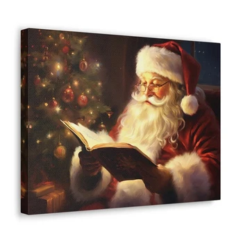 Vintažinis kalėdinis sienų menas Kalėdų senelio skaitymas Knygos drobė Aliejinė tapyba Retro Kalėdų drobė Kalėdų senelis Sienų meno namų dekoravimas