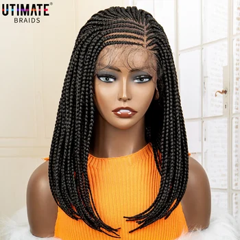 16 colių Bobo pinti perukai Sintetiniai 13x4 nėrinių priekiniai trumpi afro pinti plaukai juodaodėms moterims su kūdikių plaukais Natūrali spalva