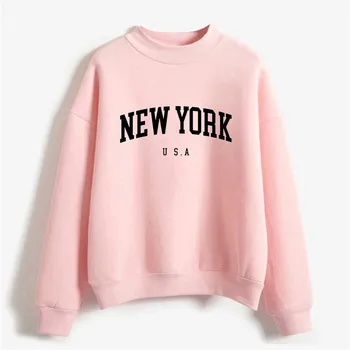 Moteriškas džemperis su gobtuvu Niujorke Atspausdintas oversized ilgomis rankovėmis apvaliu kaklu megztinis Y2k Fashion Autumn Winter Loose Soft Casual Džemperis