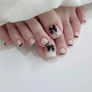 24pcs/Set French False Toenails with Bow Design Press on Fake Toe Nails Full Cover Wearable Artificial White Black Edge Nails