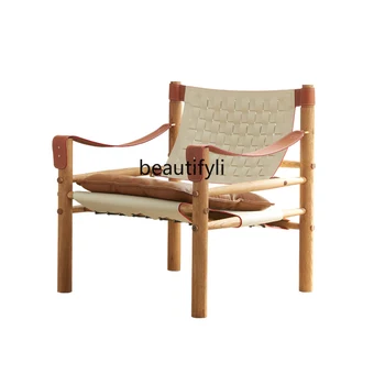 Nordic Saddle Leather Sofa Chair Home Living Room Single Leisure Reclošas Dizaineris Retro Solid Wood Danijos medžioklės kėdė