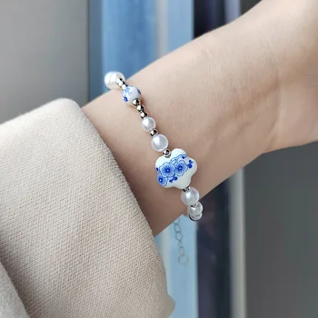 kinų stiliaus perlinė apyrankė Moterų elegantiška mėlyna ir balta porcelianinė apyrankė Aksesuarai Dizaino apyrankė Didmeninė prekyba papuošalais