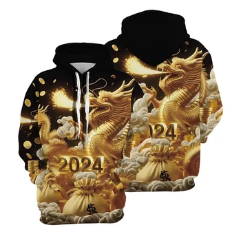 Viso kūno spausdinti pinigai Drabužiai Auksinis drakonas Vyriški džemperiai su gobtuvu ilgomis rankovėmis su gobtuvu 2024 Laimingų Naujųjų metų mados gatvės drabužiai