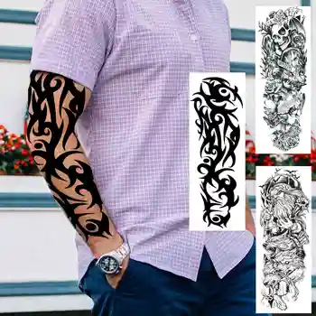 Ypač didelis juodas juodas maorių totemas Laikinos tatuiruotės Rankovė vyrams Moterys Tikroviškas netikras Dievas Kaukolė Vilko tatuiruotės lipdukas Pilna ranka Tatoo