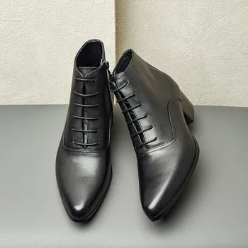 5 cm aukščio itališki vyriški batai Prabangūs natūralios odos žiemos dizainerio rankų darbo šilto vyro kulkšnies socialinio vakarėlio batai su aukštakulniais