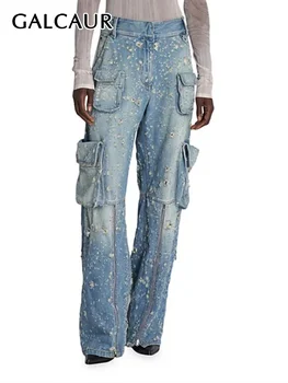 GALCAUR Hit Color Denim Wide Leg Kelnės moterims High Waist Patchwork Pockets Vintage Ripped Jeans Female Spring Fashion Clothes