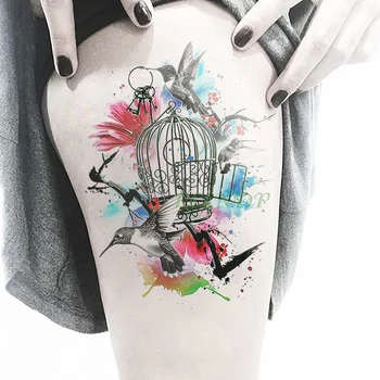 Neperšlampamas laikinas tatuiruotės lipdukas birdcage bird flower tatto flash tatoo tatouage Lipdukai ranka atgal mergaitėms moterims vyrams