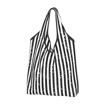 Juodos ir baltos juostelės Bakalėjos pirkinių krepšiai Moterys Mielas Pirkėjas Pečių krepšys Didelės talpos rankinė