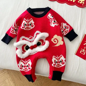 kinų Naujųjų metų kūdikis Onesie megztas sutirštinti šilti žieminiai naujagimio drabužiai Unisex Baby Boy Girl ilgomis rankovėmis Rompers raudona spalva