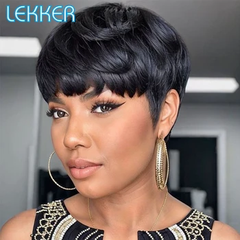 Lekker Wear to go Short Pixie Cut Human Hair Wigs for Women Brazil Remy Hair Natural Black Mushroom head Hair Full Bob Wig