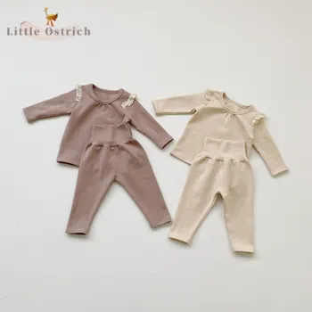 Naujagimė mergaitė Medvilniniai nėrinių drabužių komplektas Marškiniai+Pant Spring Solid Child Drabužių kostiumas ilgomis rankovėmis miego drabužiai Kūdikių drabužiai 3M-2Y