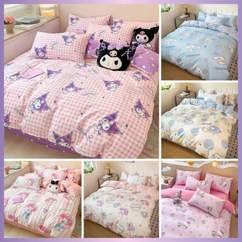Sanrio patalynės komplektas Hello Kitty Kuromi Cinnamoroll My Melody 100%medvilnės antklodės užvalkalas Paklodės pagalvės užvalkalas King Queen namų tekstilė