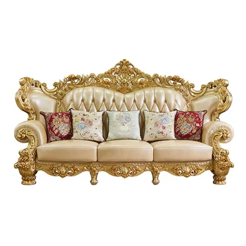 7 vietų karališka prabanga Antikvariniai svetainės baldai originalūs odiniai sofos komplektai balto ir auksinio audinio svetainės sofos komplektas