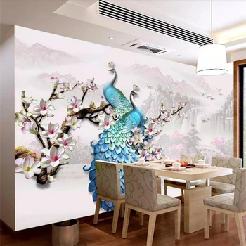beibehang Pasirinktiniai tapetai 3D nuotraukų freska naujas kinų vanduo ir turtas įspaustas mėlynas povas magnolijos sofos fonas sieninis popierius