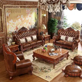 Svetainės baldai Europietiškos odinės sofos derinys iš amerikietiško medžio masyvo retro sofos vila aukščiausios klasės prabangi sofa su porankiais