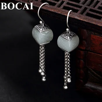 BOCAI S925 Sterling Silver Eardrop Hetian Jade Plant Pattern Tassel Thai Silver Earrings Pure Argentum Gemstone Moteriški papuošalai