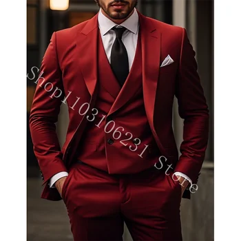 New Arrival Designs Chinese Red Men Suits Gentlemen Tuxedos Prom Blazer Custom 3 Pieces Suits Jacket+Vest+Pants Costume Homme