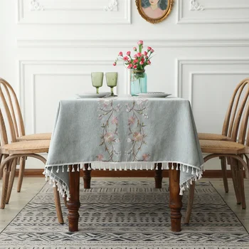 Medvilninis lininis šiaurietiškas stalo audinys Siuvinėtos gėlės Amerikietiškos staltiesės stačiakampiam žakardo kavos staliuko dangčiui