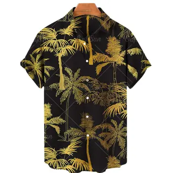 2022 Vyriškas kokosų medis Spausdinti Havajų marškiniai trumpomis rankovėmis Vieno mygtuko atlapiniai marškiniai Paplūdimio laisvalaikio marškinėliai 5XL