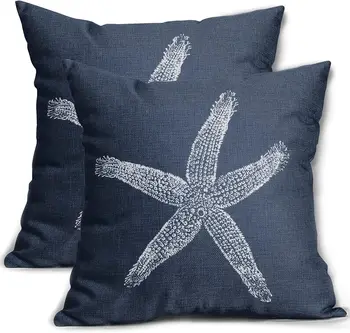2 vnt Navy Blue Starfish pagalvių užvalkalai 18X18 colių pakrantės paplūdimio jūrinio paplūdimio dekoratyviniai pagalvių užvalkalai Lino kvadratinės pagalvėlės dėklas